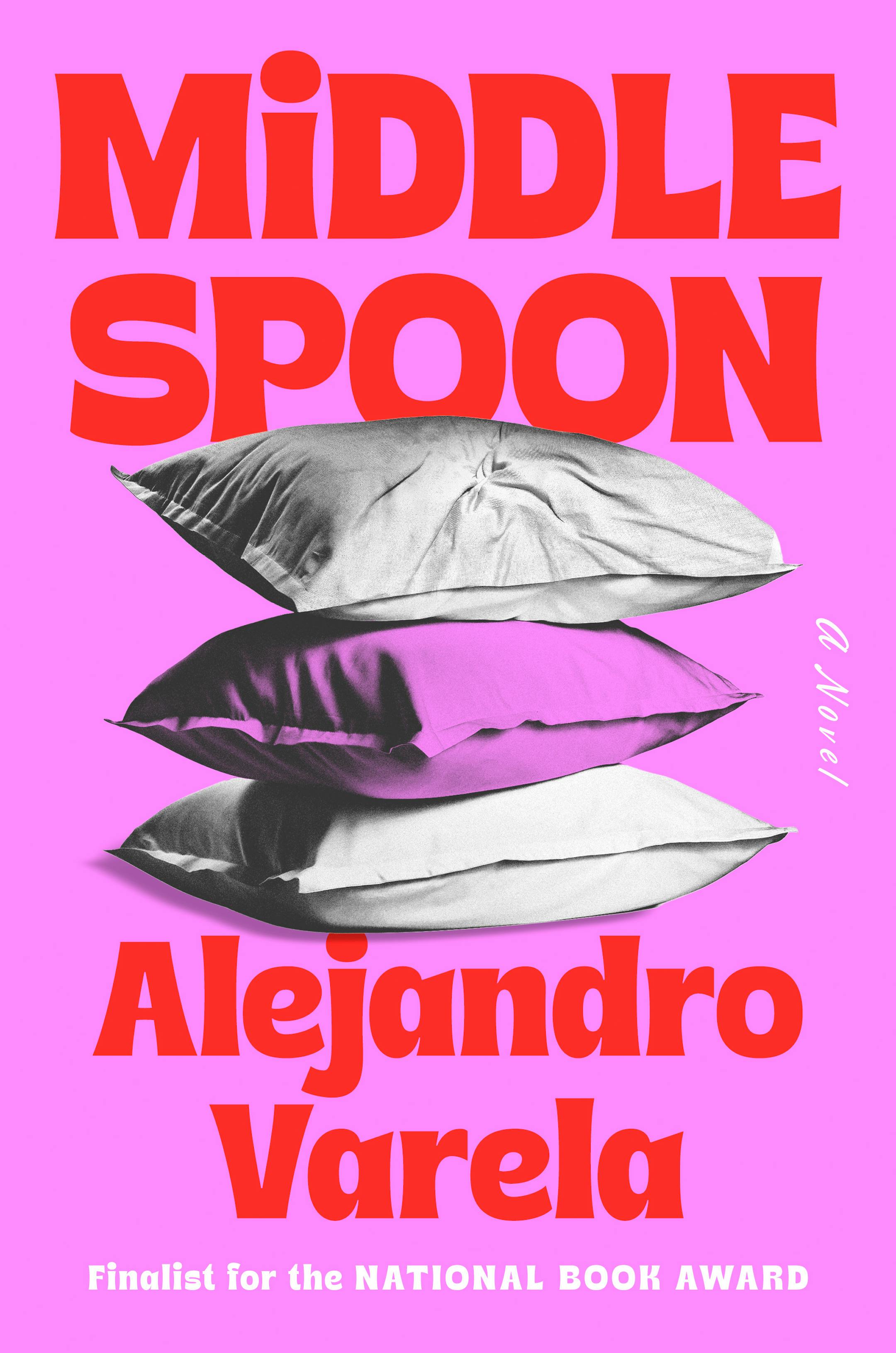 cover of Middle Spoon is an illustration, on a pink background, of a stack of three pillows
