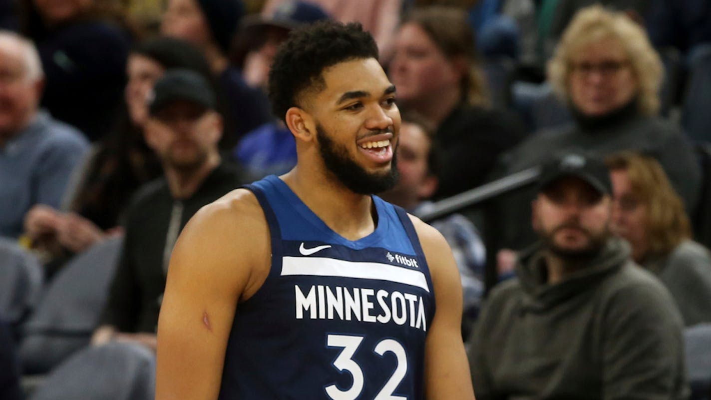 Minnesota Timberwolves' Karl-Anthony Towns plays against the San Antonio Spurs in an NBA basketball game Friday, Jan. 18, 2019, in Minneapolis. (AP Photo/Jim Mone)