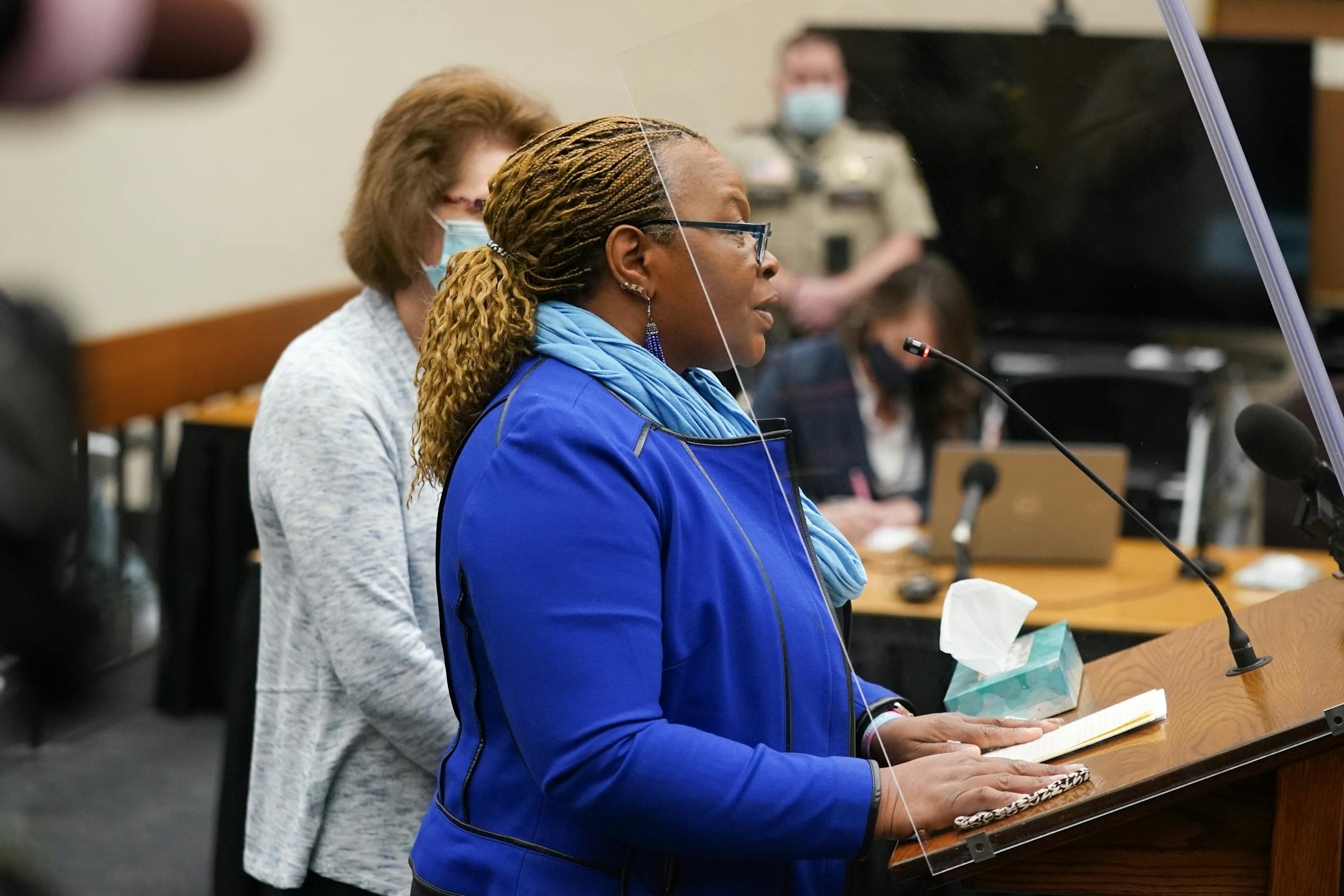 Lucille Baugh, aunt of Monique Baugh, read her impact statement. Former Hennepin County probation officer, Elsa Segura, is sentenced, Tuesday, Nov. 9, 2021, in Hennepin County Court, Minneapolis, Minn., for luring Realtor, Monique Baugh, to a fake home showing where she was kidnapped and murdered.