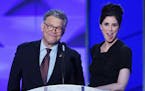 Sen. Al Franken and actress Sarah Silverman speak during the first day of the Democratic National Convention on July 25, 2016 at the Wells Fargo Cente
