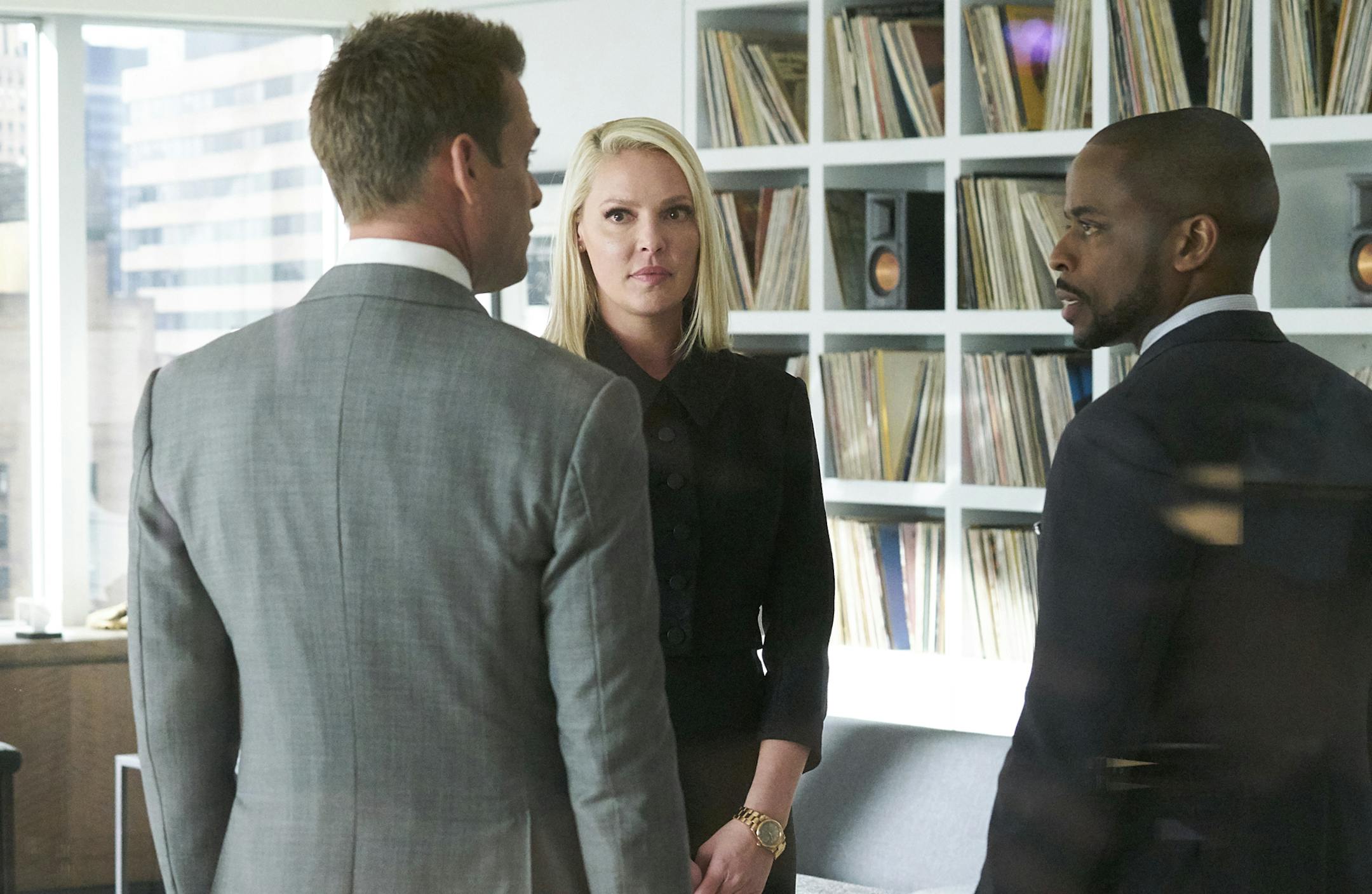 SUITS -- "Right-Hand Man" Episode 801 -- Pictured: (l-r) Katherine Heigl as Samantha Wheeler, Dule Hill as Alex -- (Photo by: Ian Watson/USA Network) ORG XMIT: Season:8