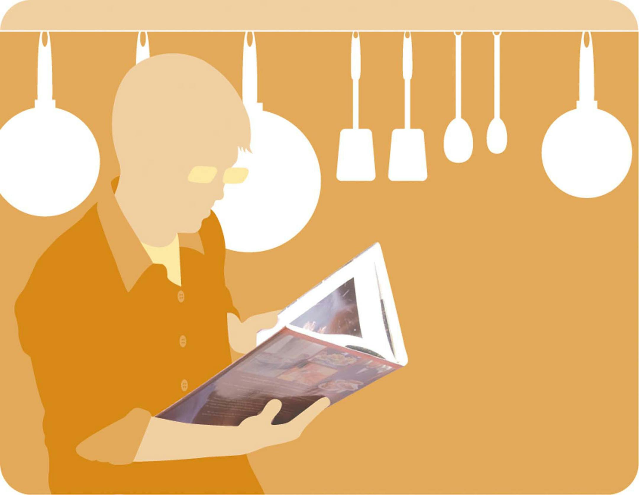 300 dpi 3 col x 4.5 in / 146x114 mm / 497x389 pixels Jason Benavides color illustration of a man reading a cookbook in the kitchen. The Charlotte Observer 2006 <p>
KEYWORDS: cookbook kitchen men man chef cooking cook recipe menu planning reading krtfeatures features krtnational national krtworld world krtfood food krt aspecto aspectos comida cocina cocinar libro cocinero cocer preparar illustration ilustracion grabado ch contributor coddington benavides 2006 krt2006