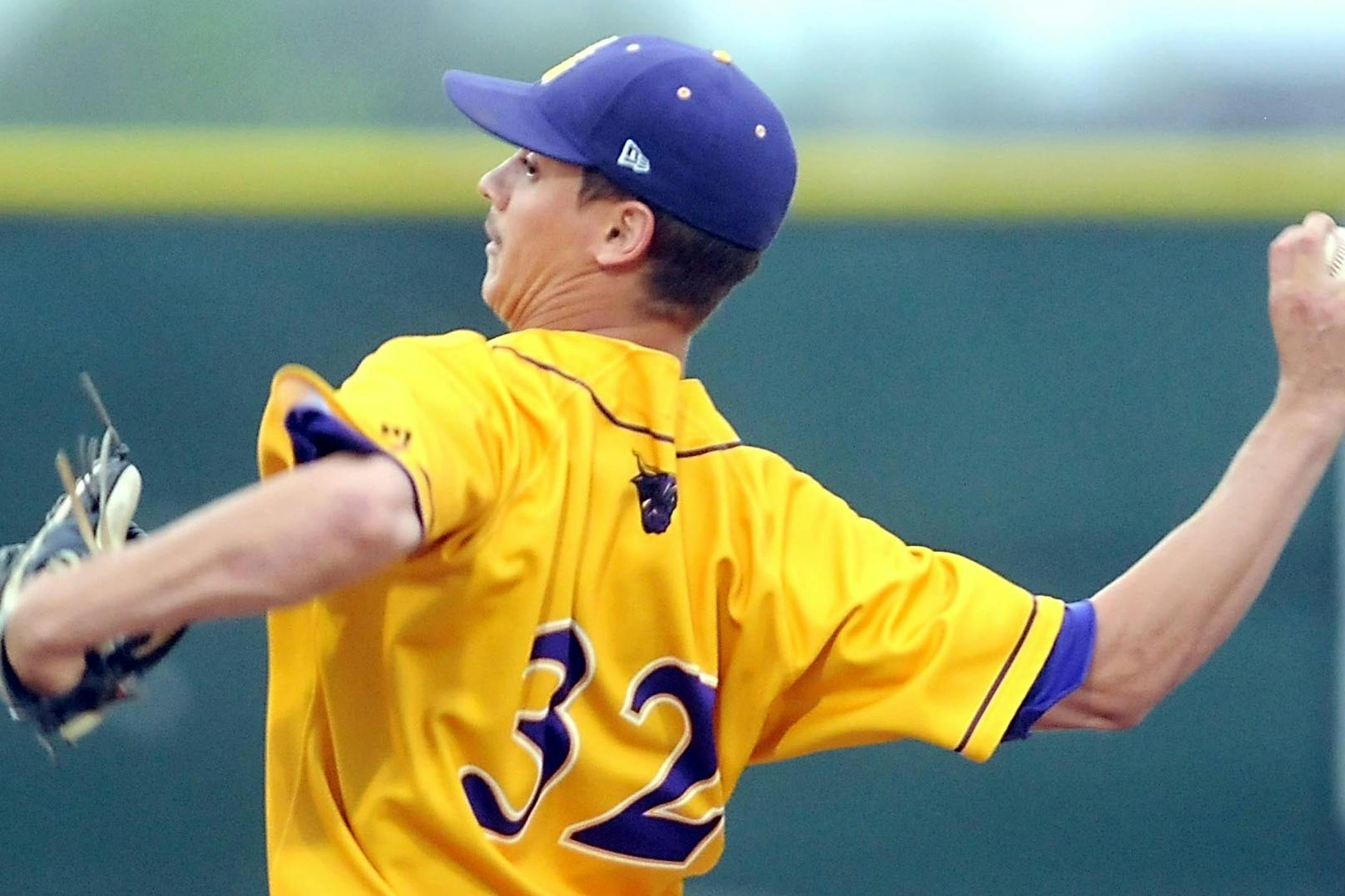 In this photo taken Thursday, May 16, 2013, Minnesota State's Jason Hoppe delivers a pitch during an NCAA college Division II Central Region tournament baseball game in Mankato, Minn. Hoppe has a streak of 51 2-3 scoreless innings that he will take to the mound Thursday, May 30, 2013, for Minnesota State in the NCAA Division II baseball tournament. (AP Photo/Mankato Free Press, Pat Christman) ORG XMIT: MIN2013053007360506