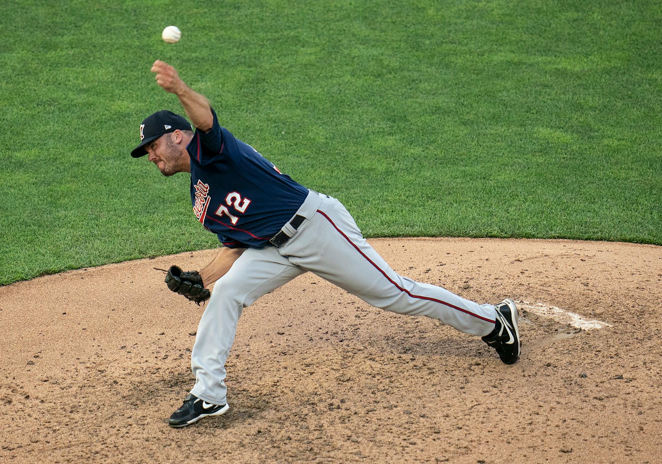 Twins pitcher Caleb Thielbar (72) pitched at practice at Target Field in Minneapolis, Minn., on Wednesday, July 8, 2020.
