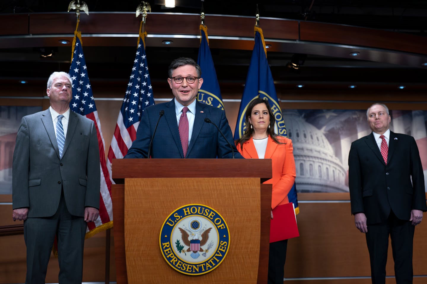 Speaker of the House Mike Johnson, R-La., center, joined by, from left, Majority Whip Tom Emmer, R-Minn., Republican Conference Chair Elise Stefanik, R-N.Y., and House Majority Leader Steve Scalise, R-La., talks with reporters ahead of the debate and vote on supplemental aid to Israel, at the Capitol in Washington, Thursday, Nov. 2, 2023. (AP Photo/J. Scott Applewhite)