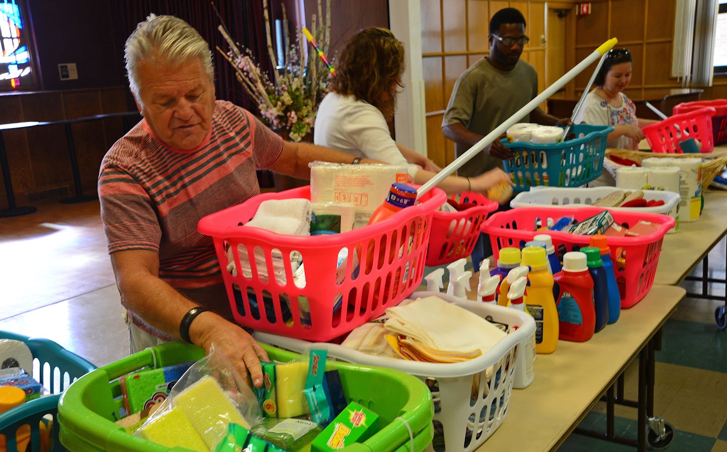 To celebrate its 25th anniversary, the Evangelical Lutheran Church in America is holding a dedicated day of service on Sept. 8, when Lutheran congregations across the country -- including dozens in Minnesota -- will go out into their local communities and do charitable deeds . Members of Central Lutheran Church in Minneapolis gathered to create laundry bskets full of cleaning supplies and other needed supplies for the homeless.The group is readying the materials to distribute on the dedicated da