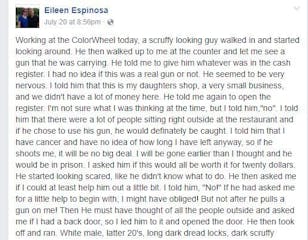 Eileen Espinosa shared on Facebook her tale of encountering a robber at her daughter's Minneapolis shop.