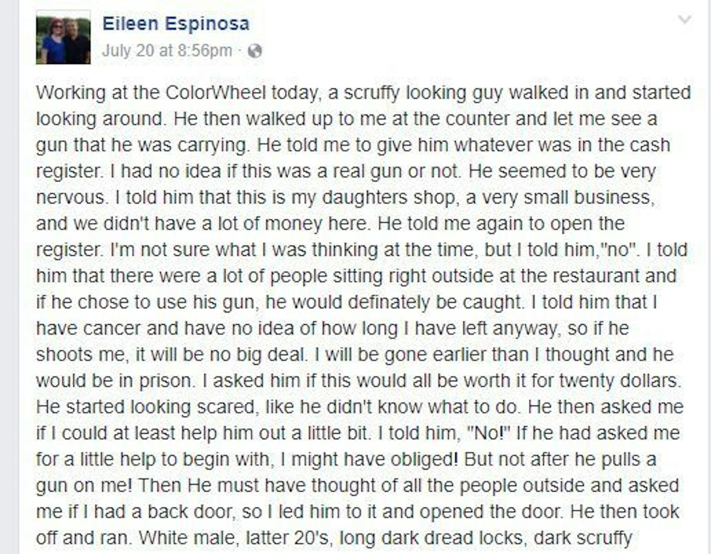 Eileen Espinosa shared on Facebook her tale of encountering a robber at her daughter's Minneapolis shop.