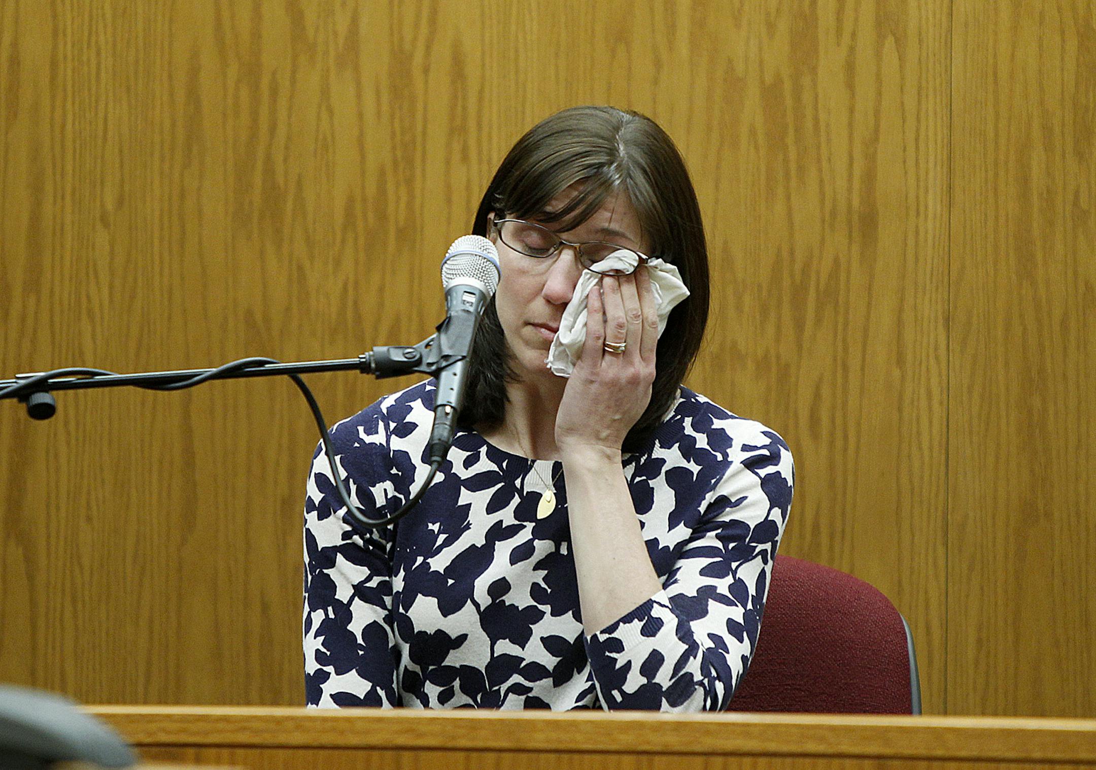 Aaron Schaffhausen's relative Allyson Hart became emotional during the seventh day of trial at a St. Croix County Courtroom in Hudson, Wis., Wednesday, April 10, 2013. (ELIZABETH FLORES/STAR TRIBUNE) ELIZABETH FLORES • eflores@startribune.com