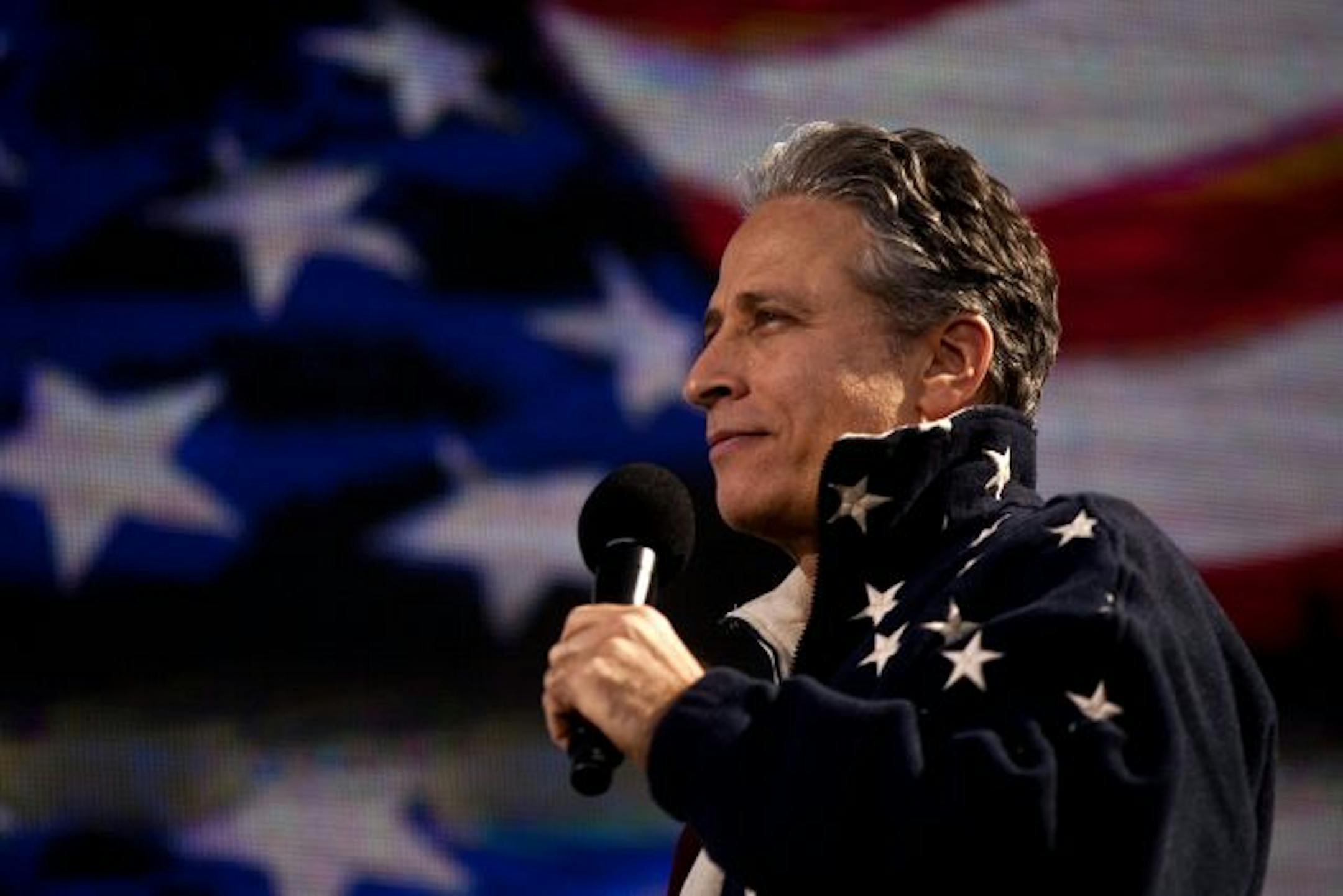Jon Stewart at Comedy Central's "Rally to Restore Sanity and/or Fear" at the National Mall, in Washington, Saturday, Oct. 30, 2010. Stewart was unwilling to take a stand in the culture wars, so he opened fire on the news media.