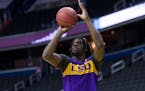 LSU's forward Naz Reid shoots the ball during an NCAA men's college basketball practice in Washington, Thursday, March 28, 2019. LSU plays Michigan St