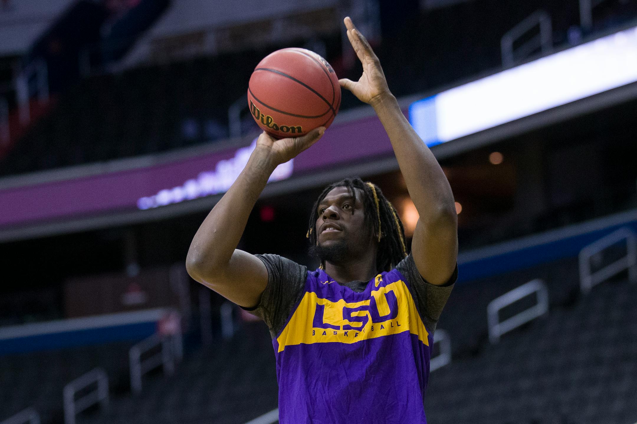 LSU's forward Naz Reid shoots the ball during an NCAA men's college basketball practice in Washington, Thursday, March 28, 2019. LSU plays Michigan State in an East Regional semifinal game on Friday. (AP Photo/Alex brandon