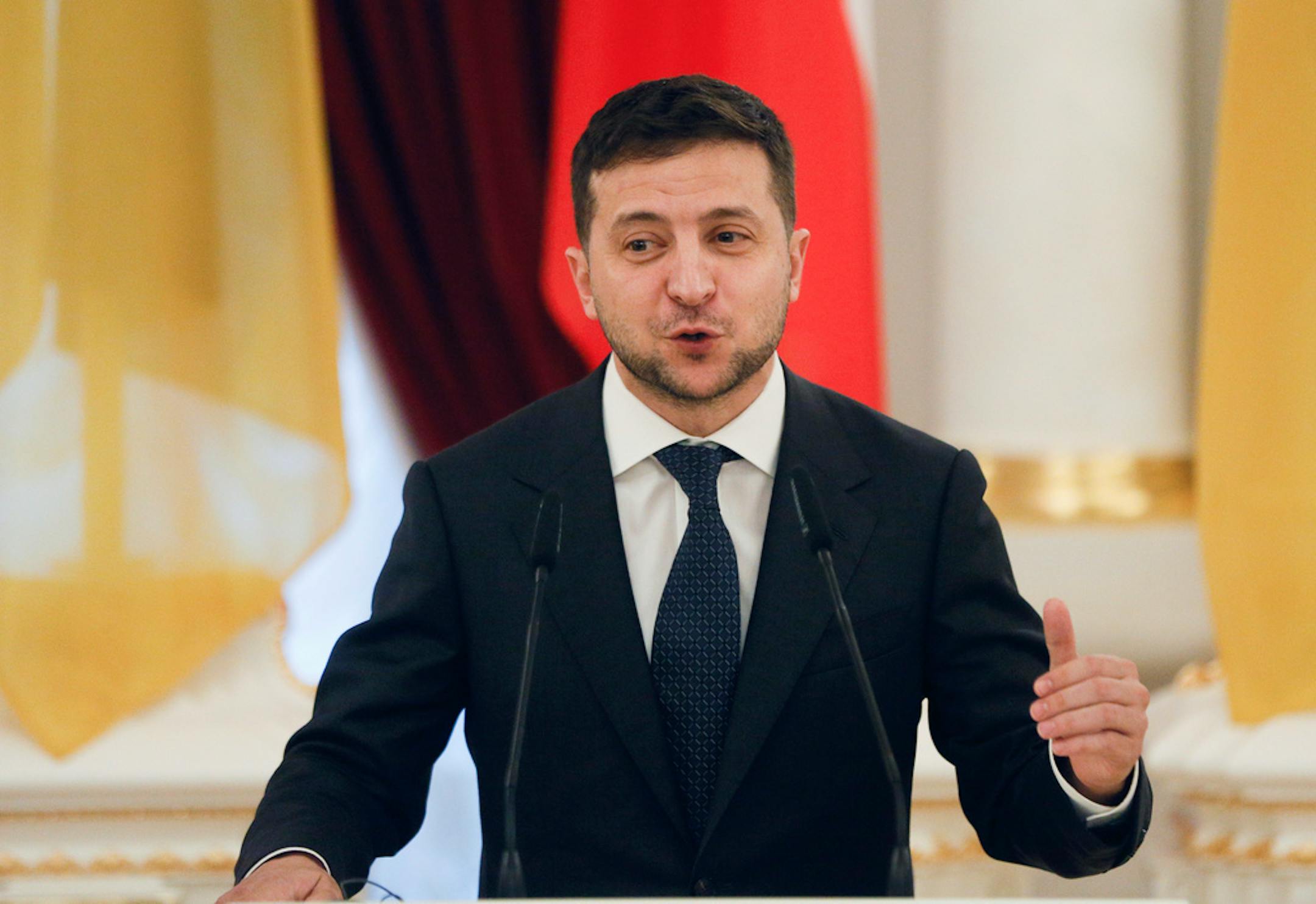 Ukrainian President Volodymyr Zelenskiy speaks during press conference with Czech Republic Prime Minister Andrej Babis in Kyiv, Ukraine, Tuesday, Nov. 19, 2019.