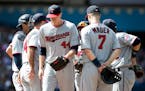 Twins starter Kyle Gibson (44) left the mound after being removed in the sixth inning Sunday against Toronto. The Blue Jays won 9-6, extending the Twi