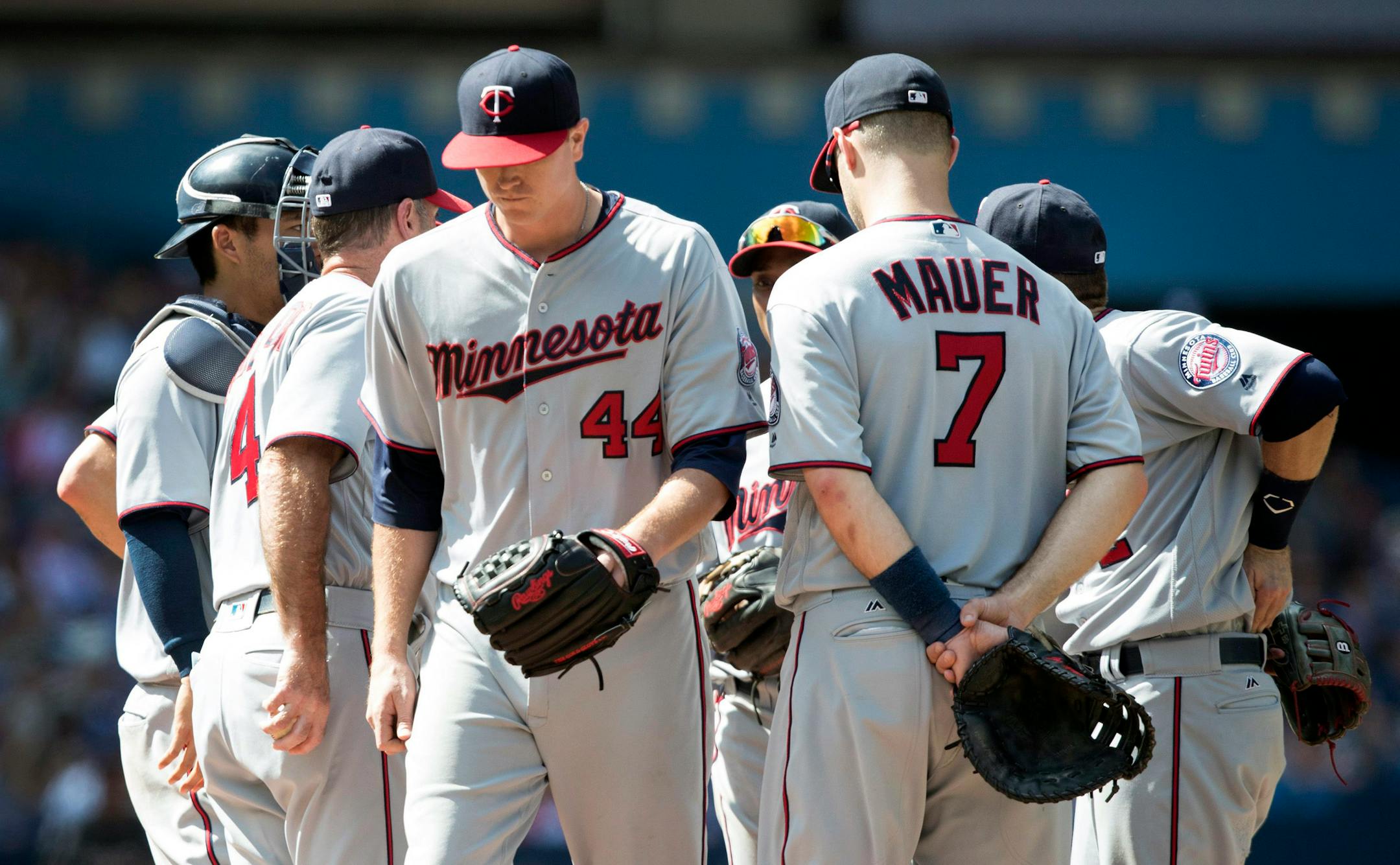Twins starter Kyle Gibson (44) left the mound after being removed in the sixth inning Sunday against Toronto. The Blue Jays won 9-6, extending the Twins' losing streak to a season-high 10 games.