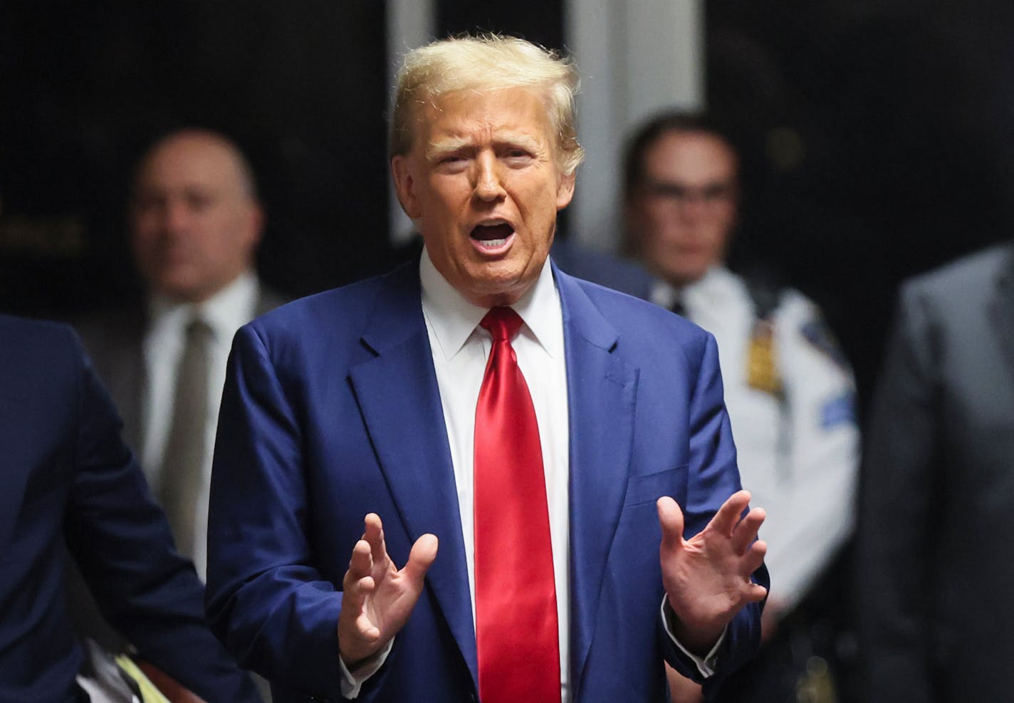 Former President Donald Trump speaks after hearing at New York Criminal Court, Monday, March 25, 2024, in New York.