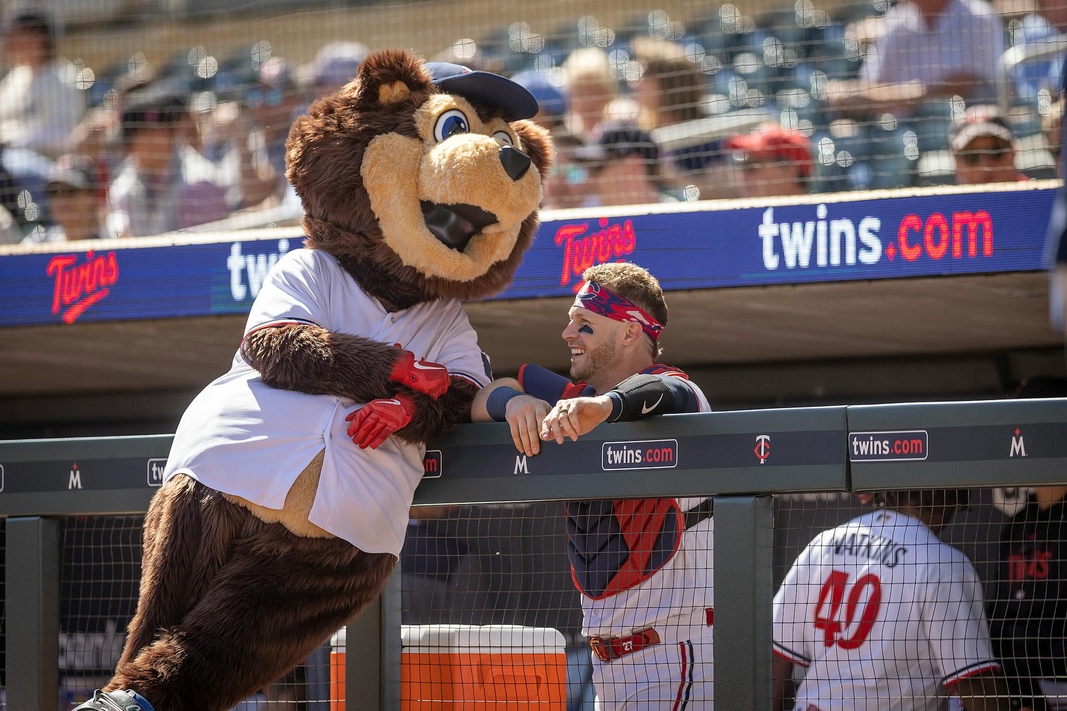 Minnesota Twins catcher Ryan Jeffers chats with T.C. Bear before the Twins took on the Chicago White Sox at Target Field Wednesday.