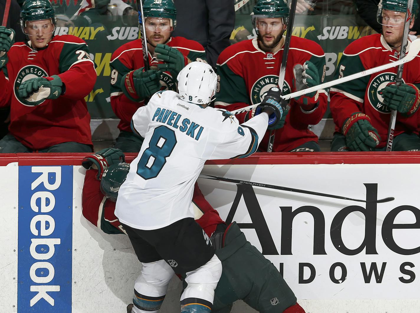 Joe Pavelski (8) was called for boarding Jason Pominville (29) in the first period. ] CARLOS GONZALEZ cgonzalez@startribune.com - April 5, 2016, St. Paul, MN, Xcel Energy Center, NHL, Hockey, Minnesota Wild vs. San Jose Sharks