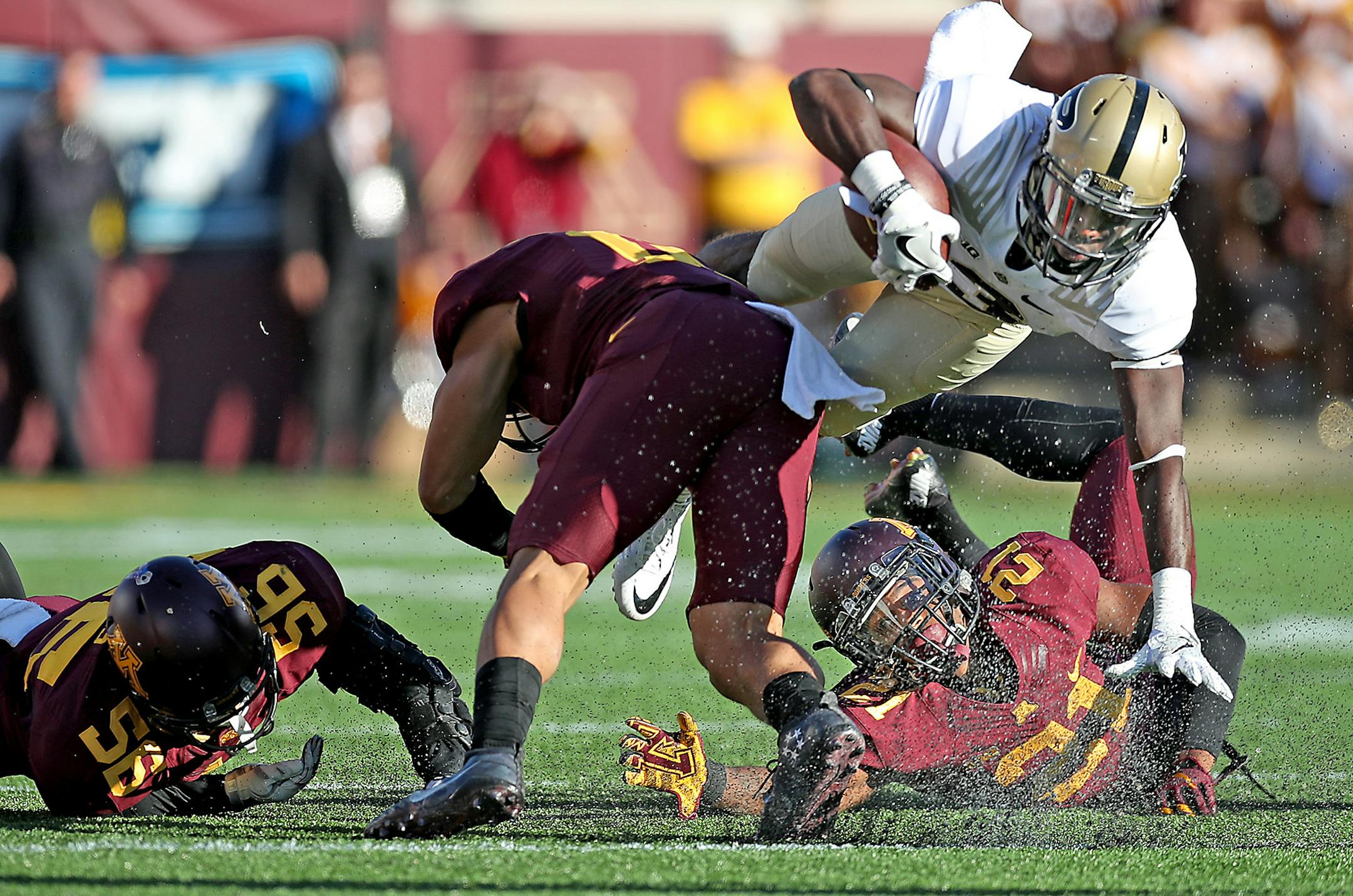 Purdue wide receiver Bilal Marshall leaped over the Minnesota defense during the second quarter