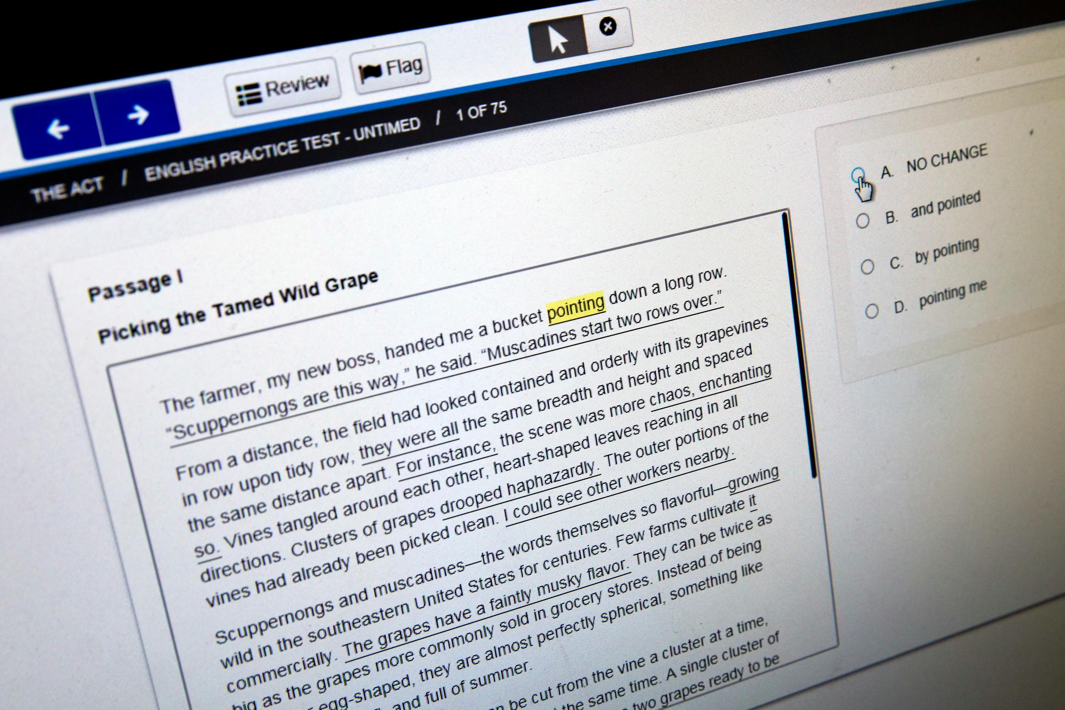 FILE - In this May 6, 2015 file photo, a computer-based practice ACT English test is displayed on a computer monitor in Washington. Nearly two-thirds of this year�s high school graduates took the ACT college entrance exam, and their scores suggest that many remain unprepared for the rigors of college-level coursework. (AP Photo/Jacquelyn Martin, File)