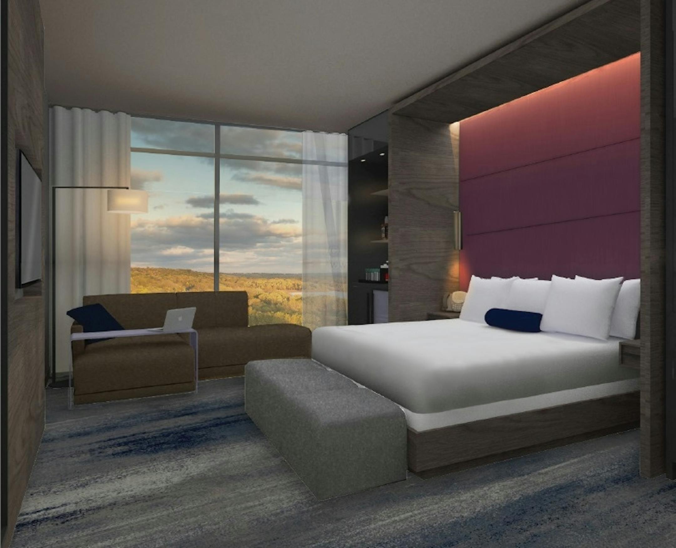 Rendering depicts a room inside the new hotel at Minneapolis/St. Paul International Airport that is being developed by Graves Hospitality of Minneapolis.
