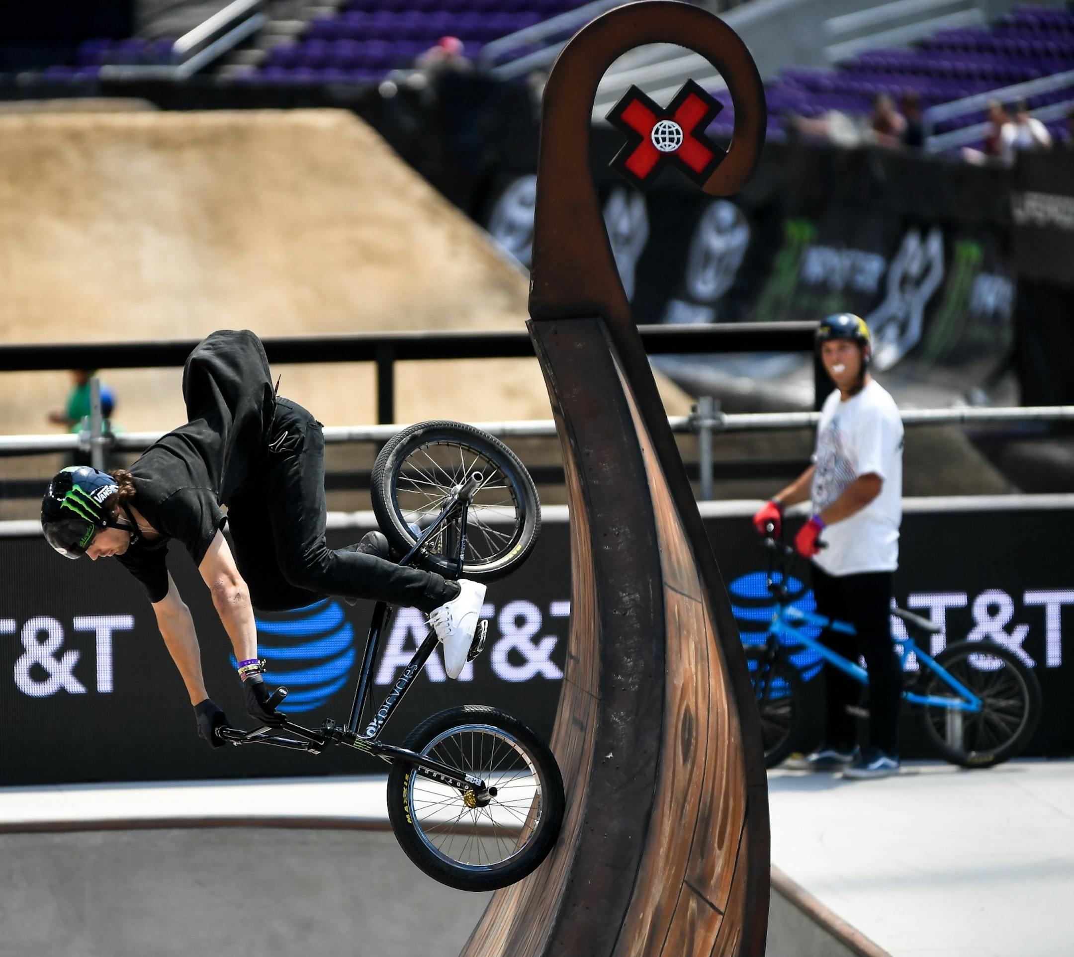 Mike Varga rode his bike down the viking ship feature during his first run in the BMX park finals Saturday.