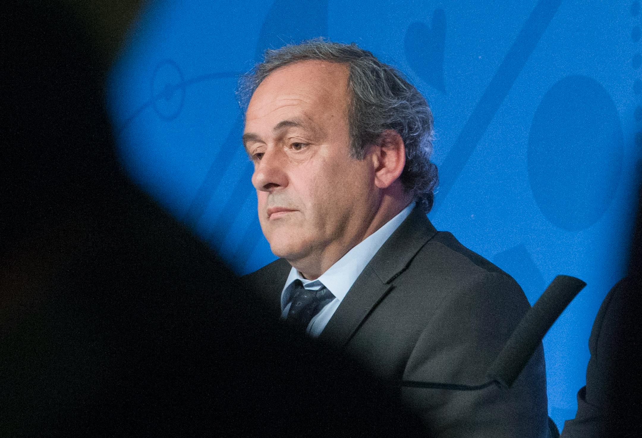 UEFA President Michel Platini attends a press conference to mark the one year to go before the start of EURO 2016 soccer tournament in Paris, Wednesday, June 10, 2015. (AP Photo/Jacques Brinon)