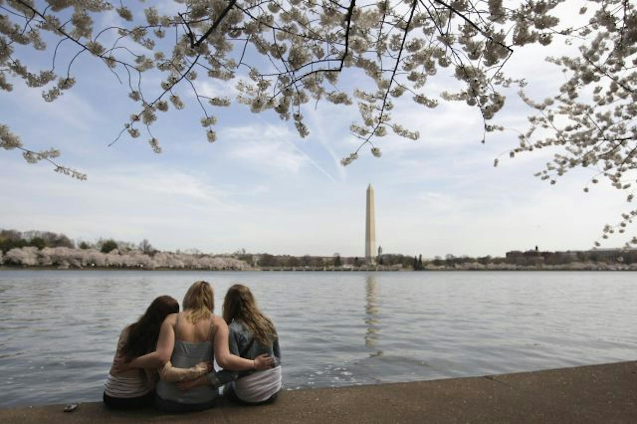A group sits along the Tidal Basin in Washington, D.C.