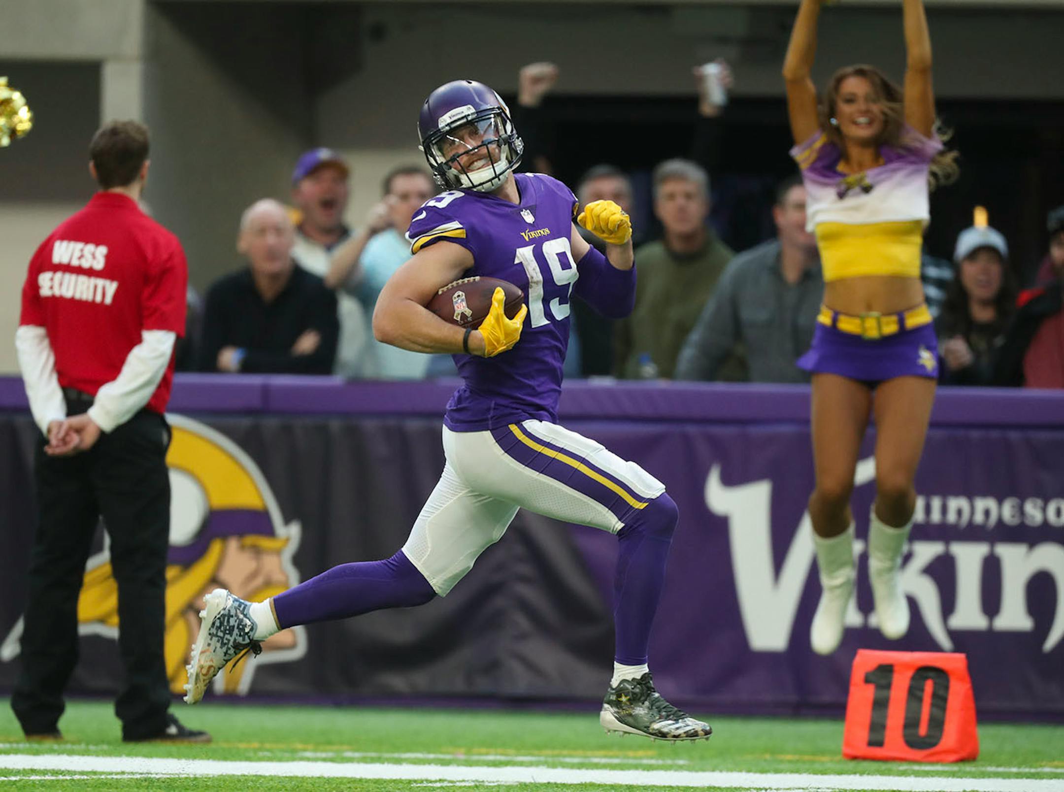 Minnesota Vikings wide receiver Adam Thielen looked back and smiled as he headed for the end zone on a 65 pass play for a fourth quarter touchdown.