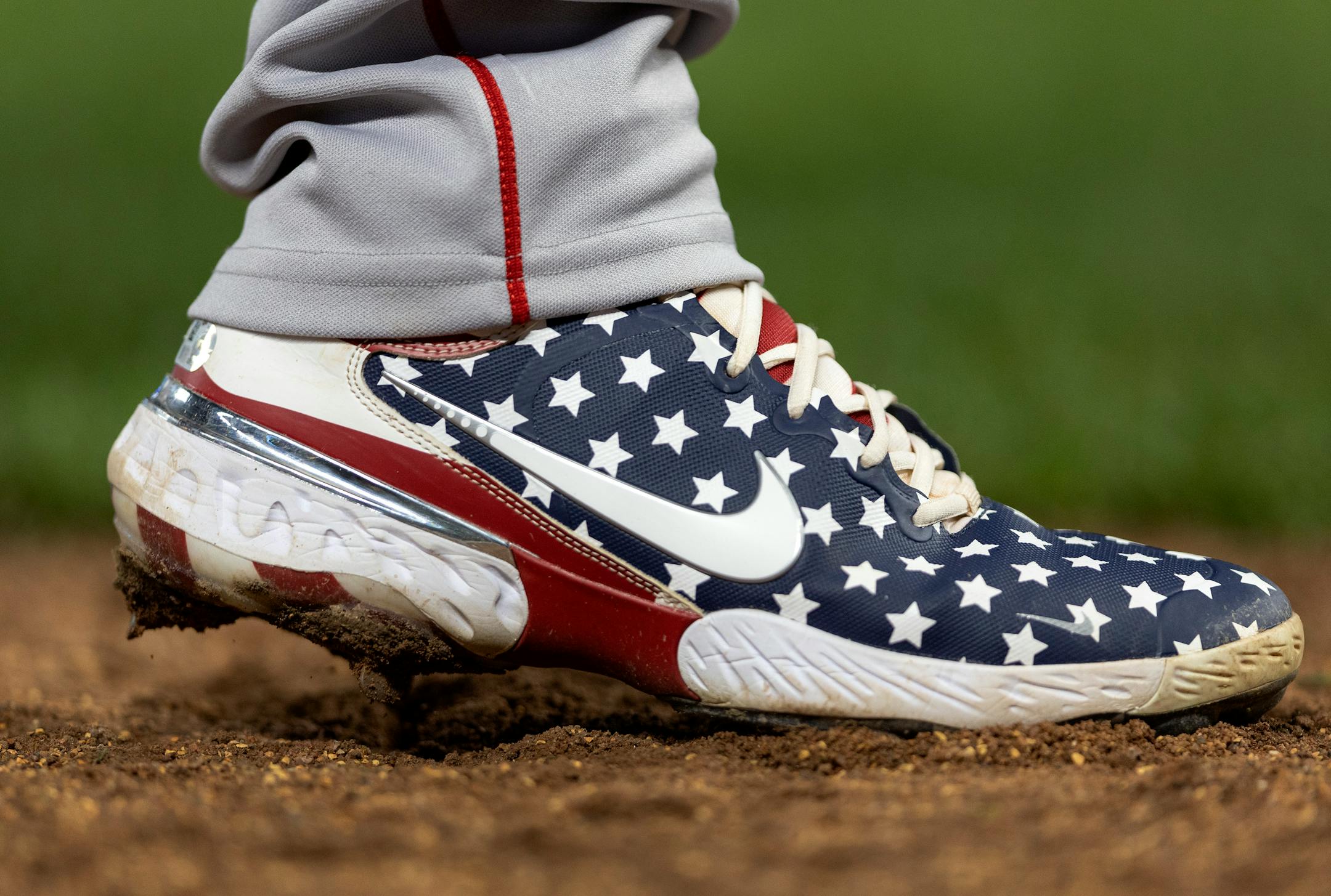 The cleats of Trevor Story of the Boston Red Sox.