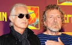 FILE - In this Oct. 9, 2012 file photo, members of Led Zeppelin, guitarist Jimmy Page, left, and singer Robert Plant appear at a press conference ahea