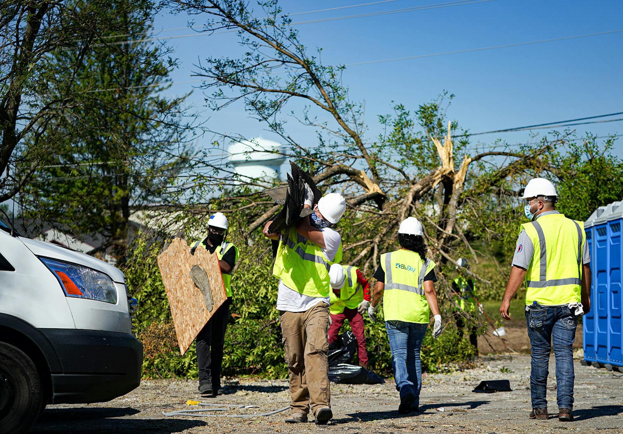 Neighbors, volunteers and contract workers from Blue Sky Restoration cleaned up debris from Monday's derecho that ripped through Cedar Rapids. Derecho storm devastation in Cedar Rapids Iowa, with 130,000 residents the state's second-largest city. The "inland hurricane" last week wiped out half the city's tree canopy and a week later, thousands are still homeless and without power.