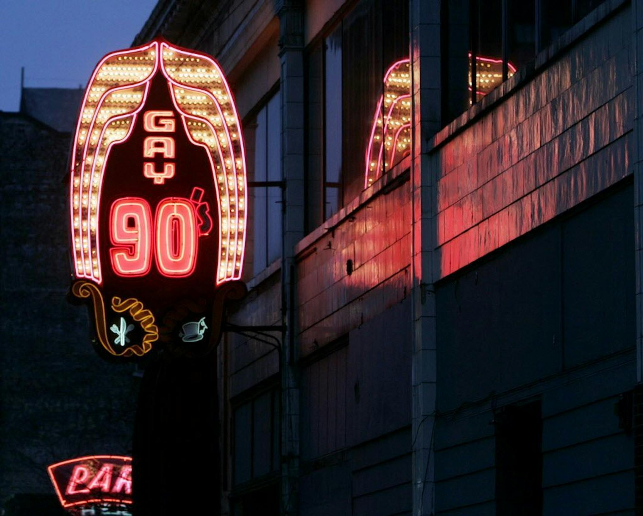 The neon sign outside the Gay 90s Bar in downtown Minneapolis.