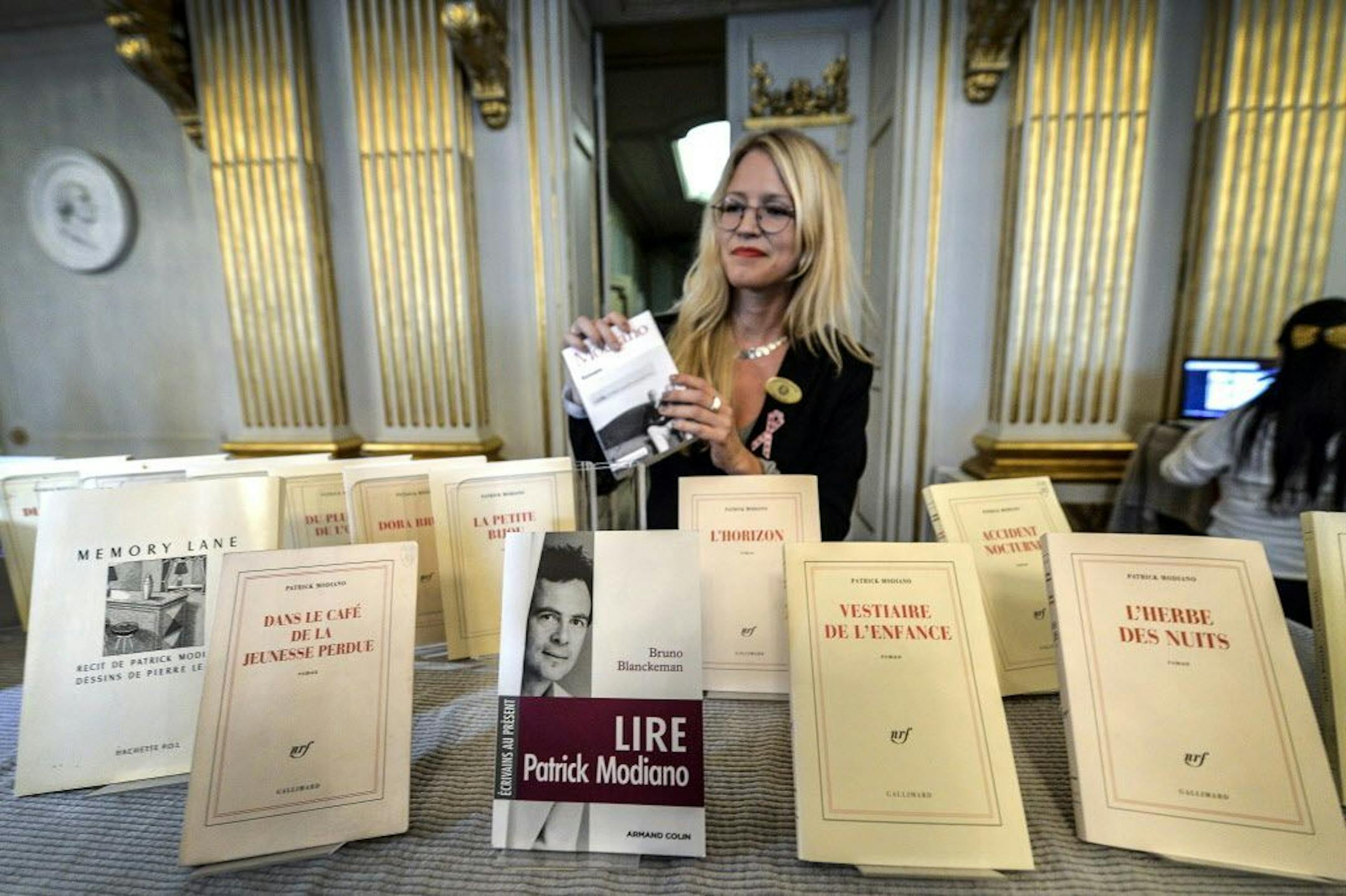 Books by French writer Patrick Modiano are displayed at the Royal Swedish Academy after he was declared the winner of the 2014 Nobel Prize in Literature.