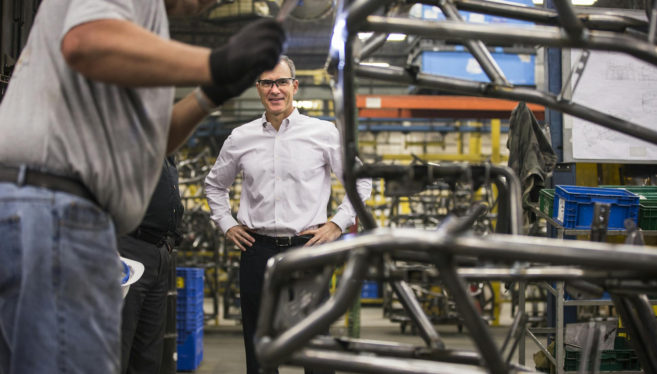 Arctic Cat CEO Chris Metz watched as workers welded the frame for the 2016 Wildcat X side-by-side vehicle at the company’s factory in Thief River Falls. Metz has overseen the $27 million expansion project of that facility as well as one in St. Cloud. He also helped the company move its headquarters from Plymouth and into the Western Container building in Minneapolis.