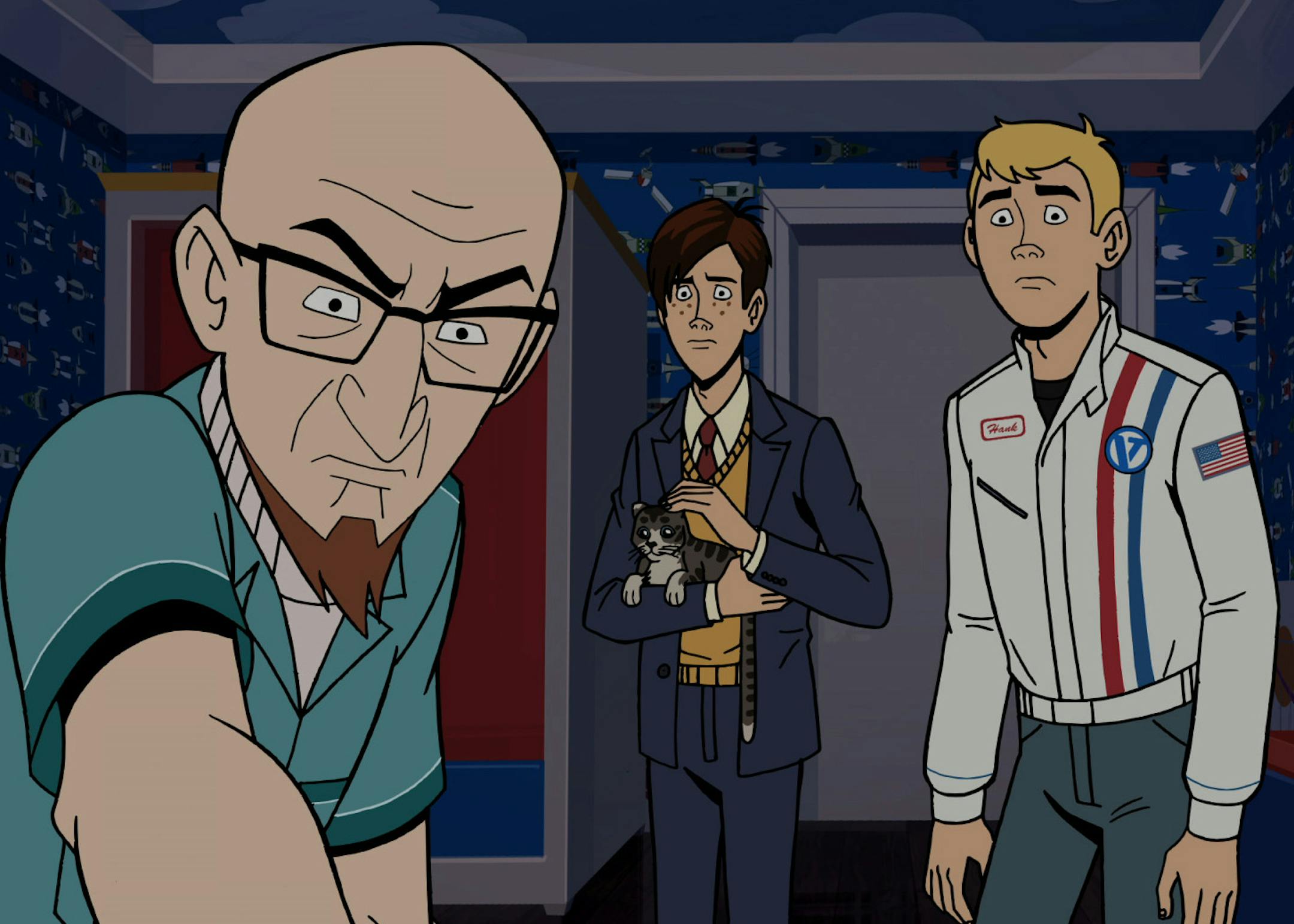 Turner Broadcasting (L to R) Dr. Venture (James Urbaniak), Dean Venture (Michael Sinterniklaas) and Hank Venture (Jackson Publick) check on Captain Pirateís intervention in season 6 of The Venture Bros. premiering Sunday, January 31st at Midnight (ET, PT) on Adult Swim.