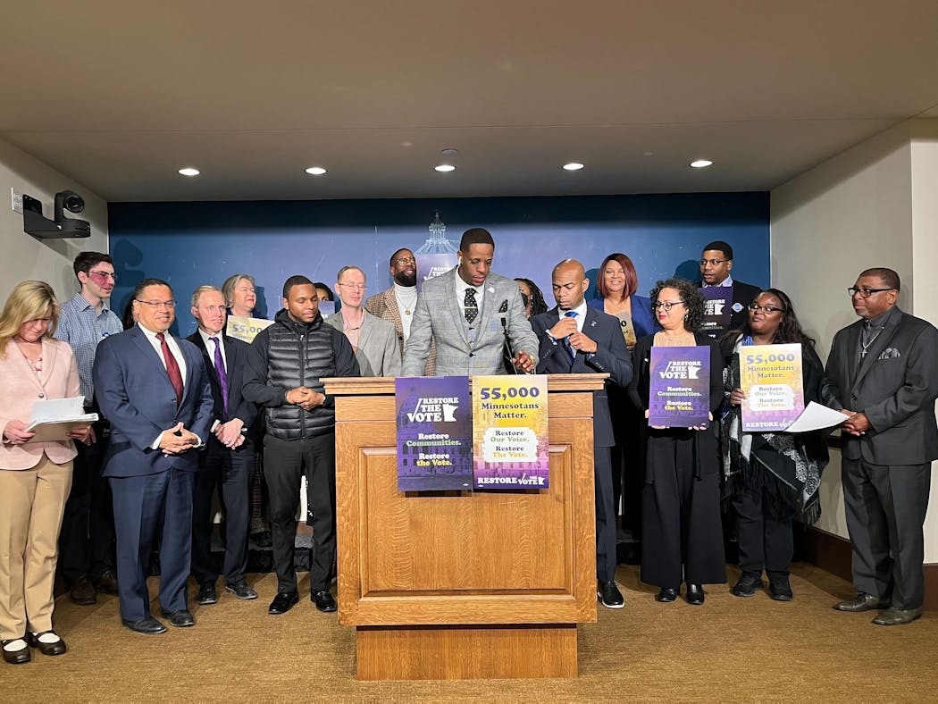 Sandy Yancy Jr. of Minneapolis, who served prison time and still can’t vote, led off a Capitol news conference with House Speaker Melissa Hortman, DFL-Brooklyn Park, Attorney General Keith Ellison and Secretary of State Steve Simon.