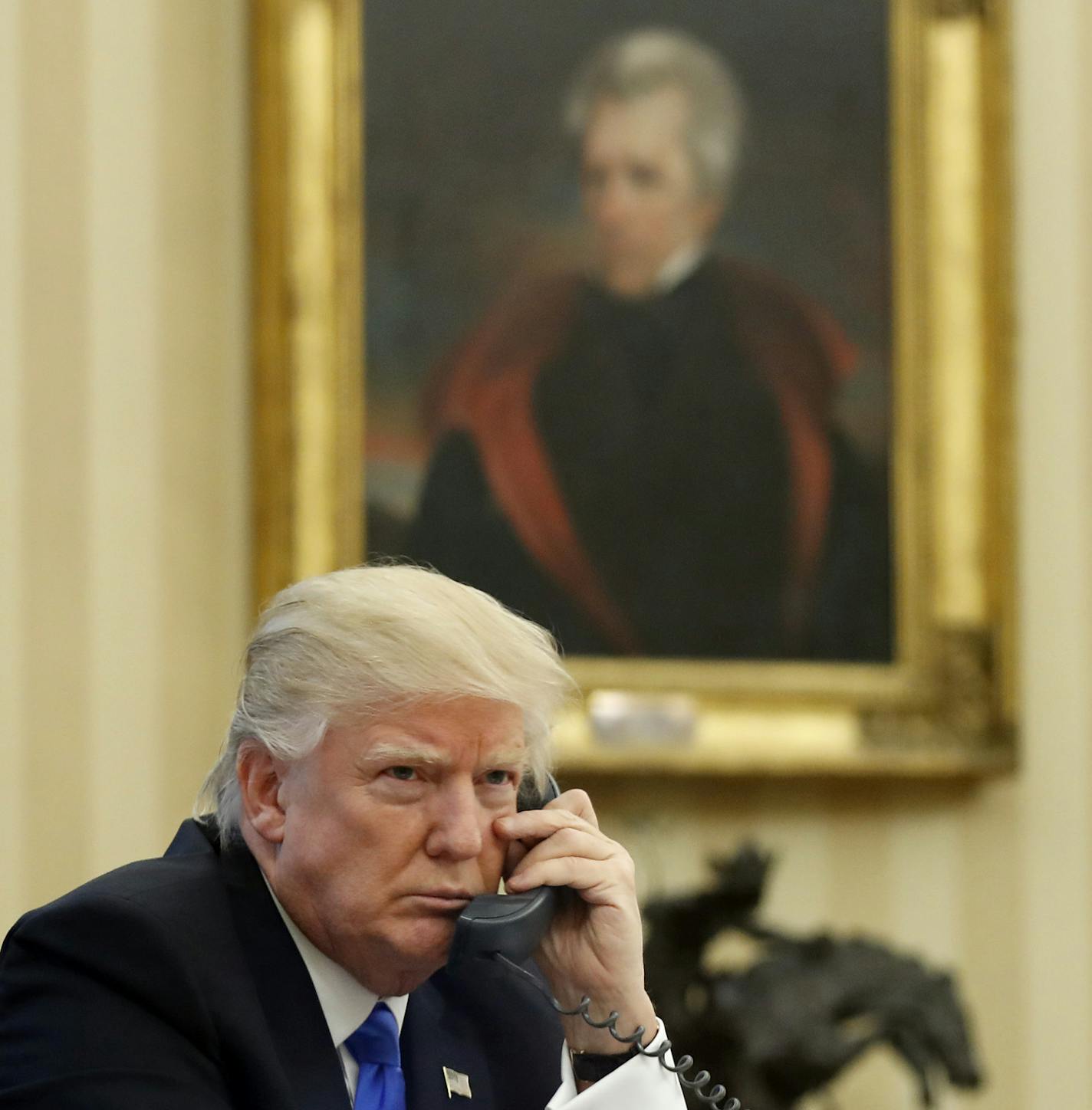 President Trump in the Oval Office during a telephone conversation with Australian Prime Minister Malcolm Turnbull on Jan. 28.