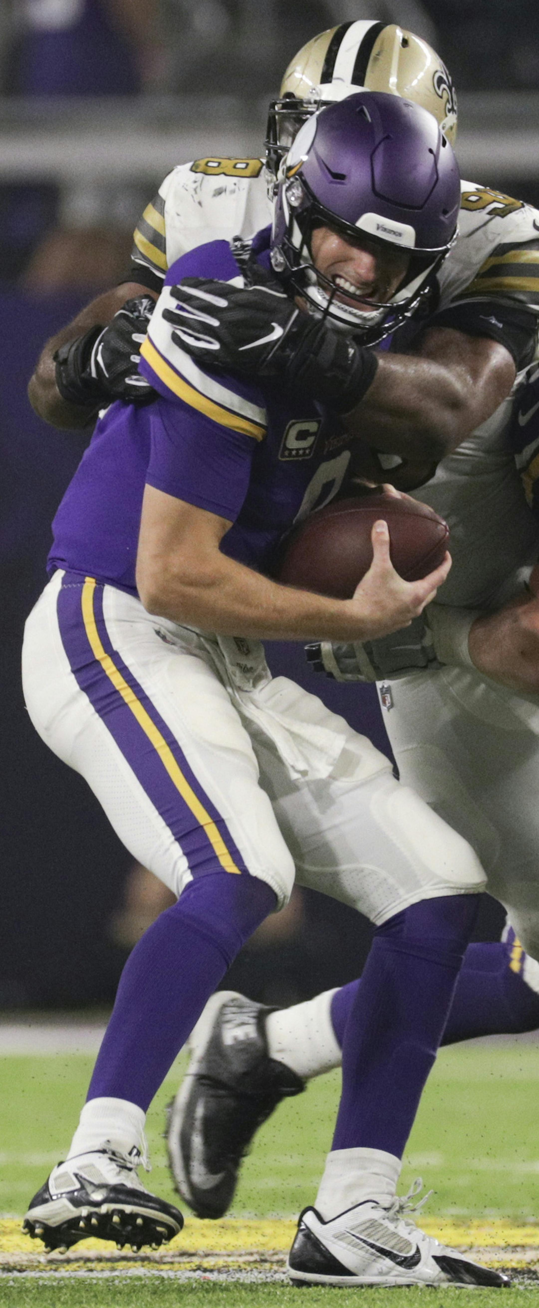 Vikings quarterback Kirk Cousins gets sacked int he 3rd quarter. ] Minnesota Vikings VS New Orleans Saints, U.S. Bank Stadium.
BRIAN PETERSON &#xef; brian.peterson@startribune.com
Minneapolis, MN 10/28/2018