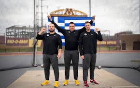 The Gophers men's track and field team has three Greeks competing in the hammer throw: (from left to right) Angelos Mantzouranis, Kostas Zaltos and Pa