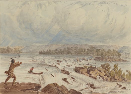Seth Eastman illustrated the traditional story of the suicide of Anpetu Sapawin in his watercolor “Falls of St. Anthony.” Above from left are Eastman’s “Guarding of the Corn Fields,” “Indians in Council” and “Spearing Muskrats in Winter.”