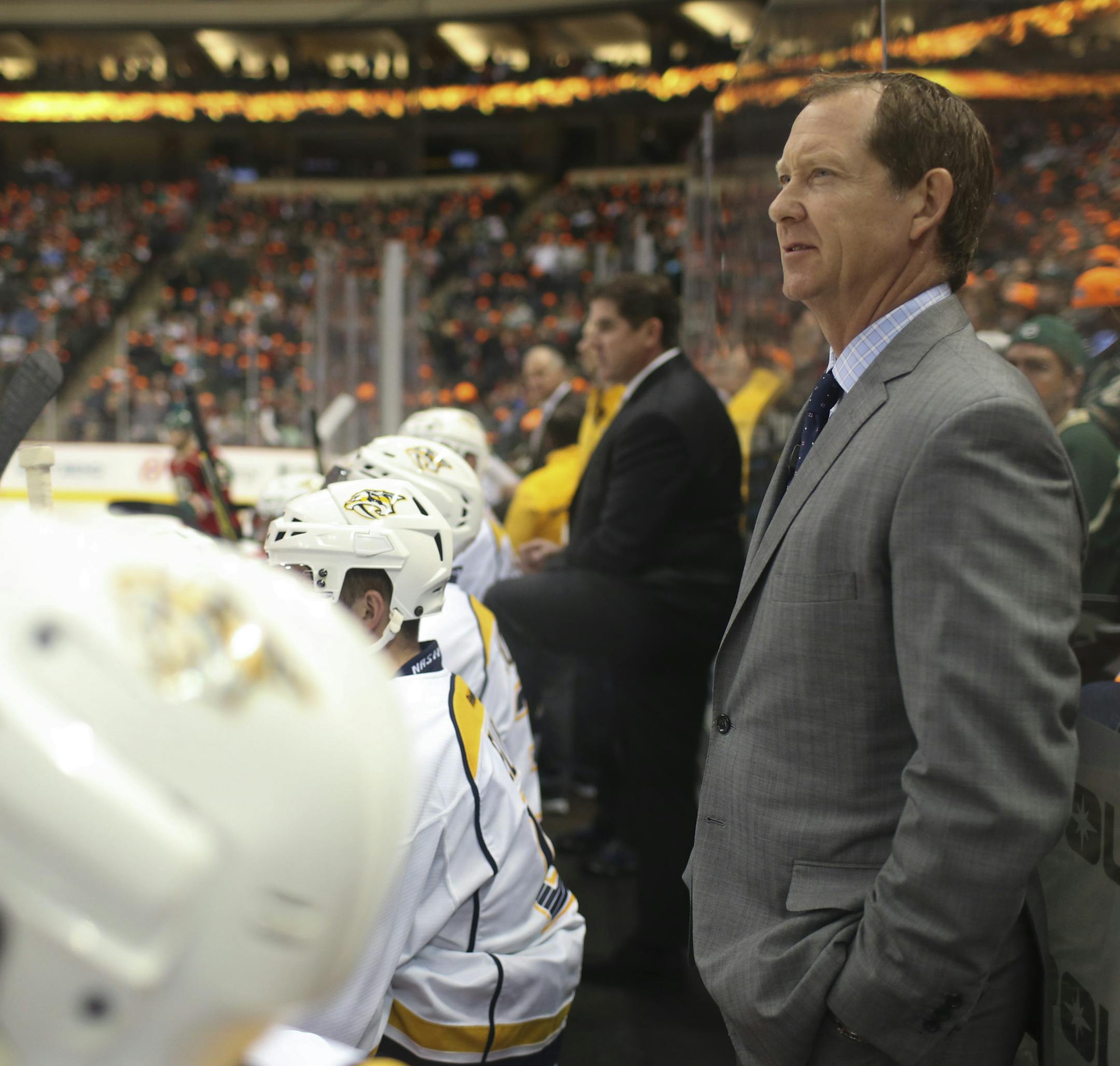 Nashiville Predators assistant coach Phil Housley behind the bench in the second period Thursday night. ] JEFF WHEELER &#xef; jeff.wheeler@startribune.com The Minnesota Wild faced the Nashville Predators in an NHL hockey game Thursday night, November 5, 2015 at Xcel Energy Center in St. Paul.