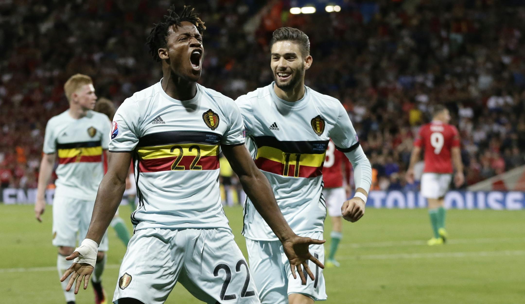 Belgium's Michy Batshuayi celebrates after scoring his side's second goal during the Euro 2016 round of 16 soccer match between Hungary and Belgium, at the Stadium municipal in Toulouse, France, Sunday, June 26, 2016. (AP Photo/Petr David Josek)
