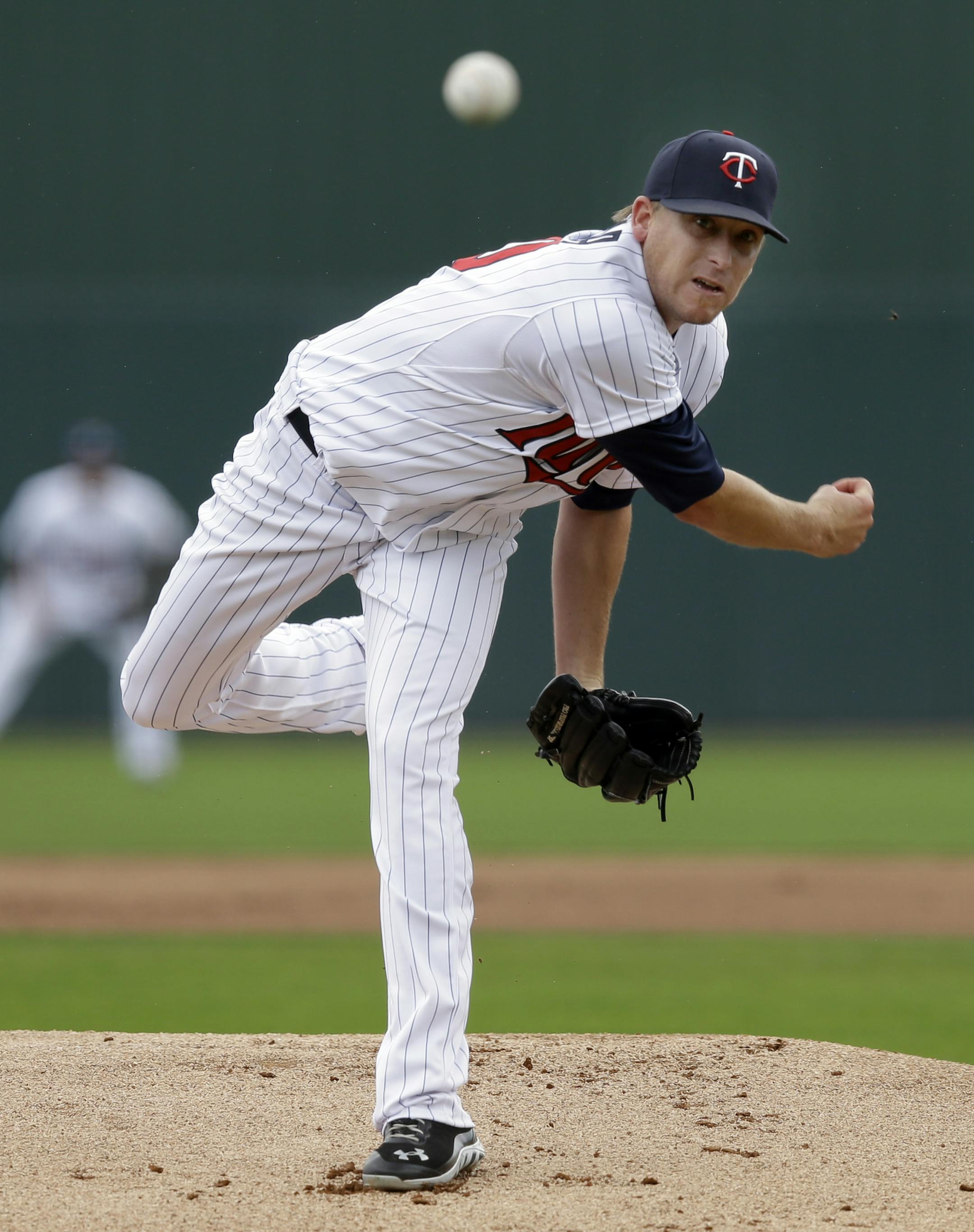 Minnesota Twins starting pitcher Kevin Correia delivers to the Miami Marlins in the first inning of an exhibition spring training game