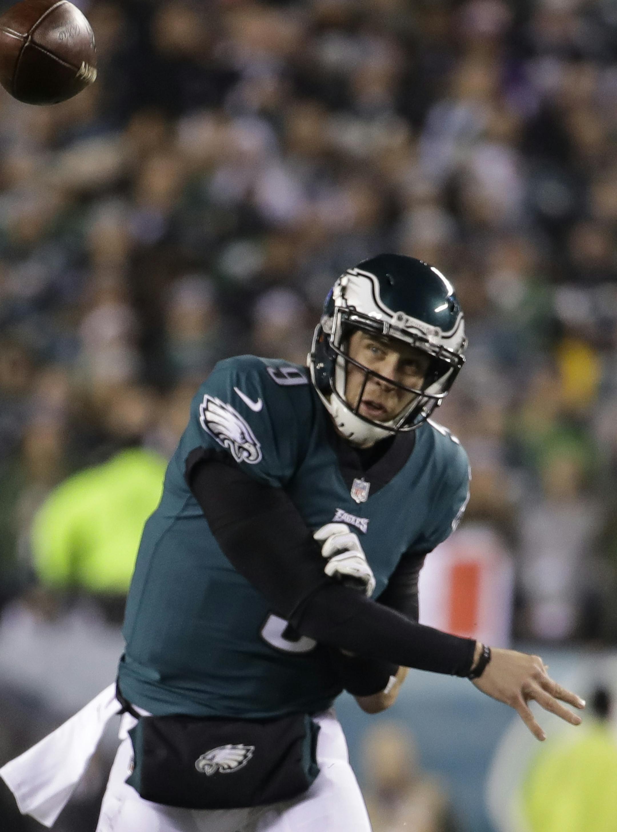 Philadelphia Eagles quarterback Nick Foles in action during the NFL football NFC championship game against the Minnesota Vikings Sunday, Jan. 21, 2018, in Philadelphia. (AP Photo/Matt Rourke)