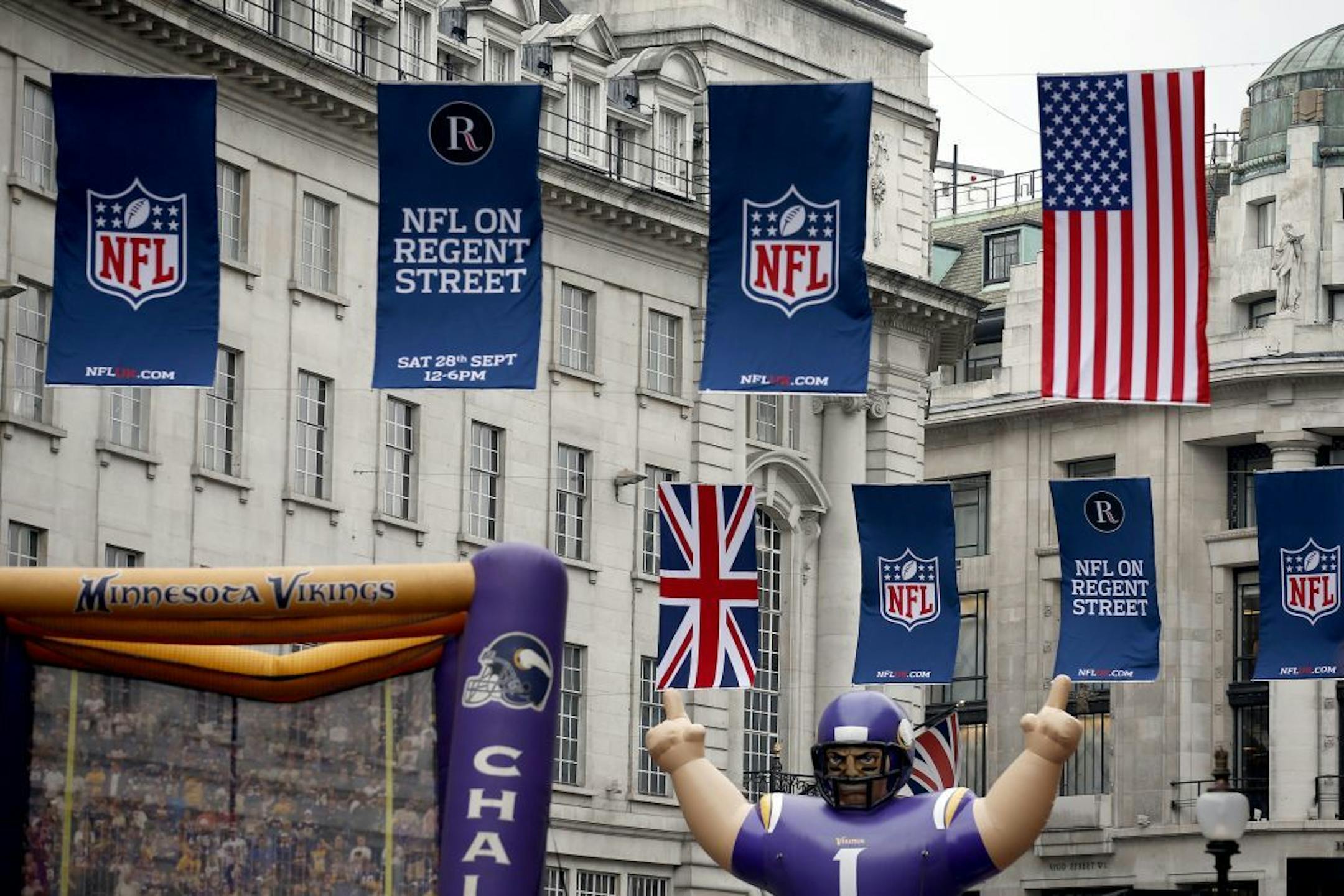 Regent Street in London was closed to traffic from Oxford Circus to Piccadilly Circus on Saturday as the NFL staged its first Block Party, featuring interactive NFL content, team zones, music and entertainment, cheerleader performances, food and drink, merchandise and more. The event included appearances by players and coaches from the Pittsburgh Steelers and Minnesota Vikings.