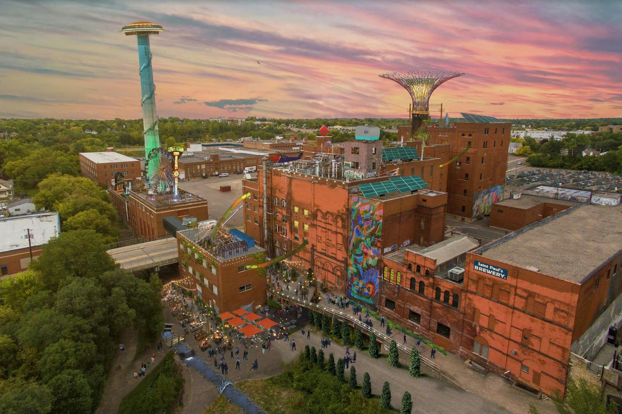 Rob Clapp&#x2019;s conceptual vision for the Hamm&#x2019;s Brewery complex includes a possible observatory on top of a smokestack, a rooftop zipline and plenty of other interactive components.
Renderings by Venn Media