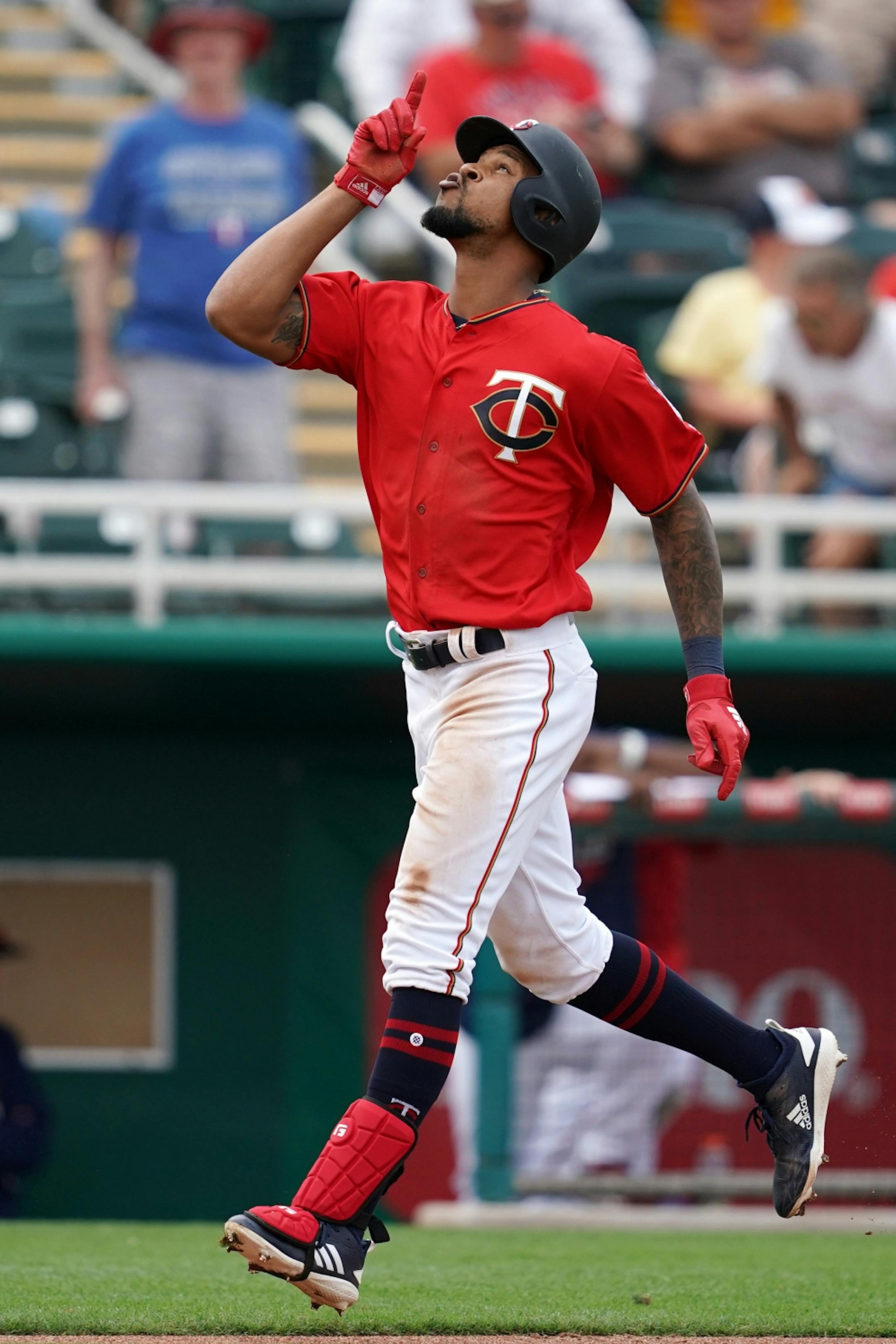 Minnesota Twins center fielder Byron Buxton (25) pointed to the sky as he ran the third base line after hitting a two run home run during Monday's game against the Baltimore Orioles.