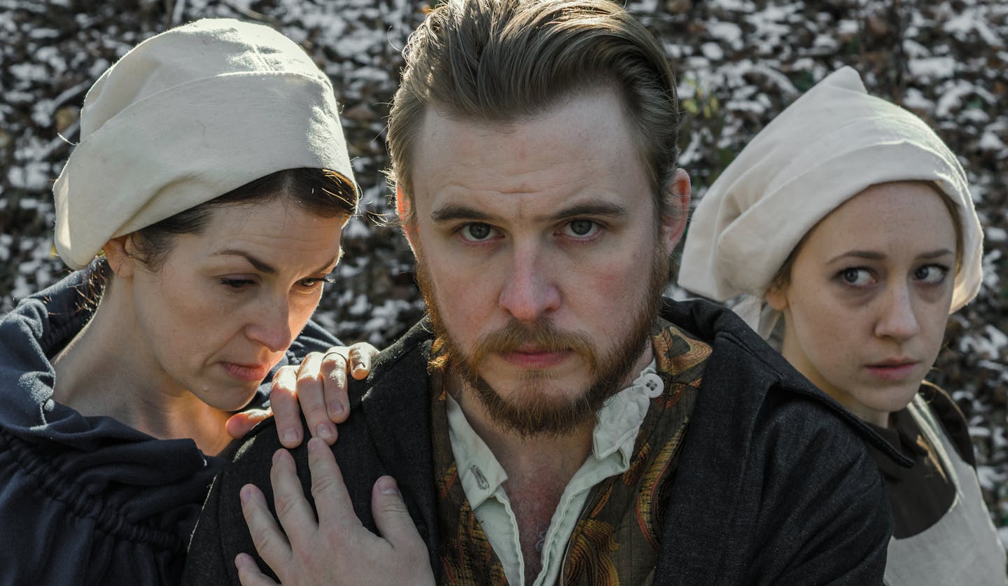 Jamie White Jachimiec as Elizabeth Proctor, James Napoleon Stone as John Proctor and Kaylyn Forkey as Abigail Williams in "The Crucible" by Theatre Coup d'Etat.
credit: Craig James Hostetler