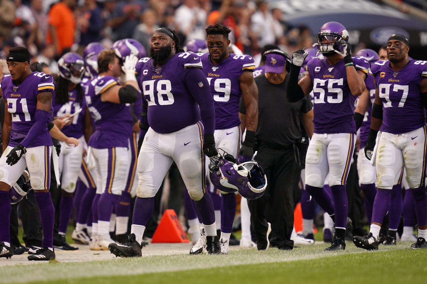 Vikings defensive tackle Linval Joseph (98) sighed as he and his fellow defenseman were unable to stop a Chicago Bears drive in the third quarter in September.